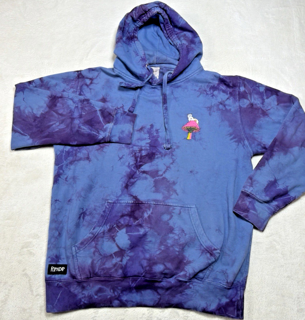 RIPNDIP Lord Nermal Mushroom Tie Dye Hoodie Blue Purple Sweatshirt Mens Size Lg